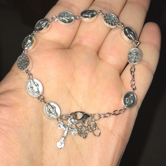 Silver Miraculous Beaded Cross Charm Bracelet - Picture 2 of 6